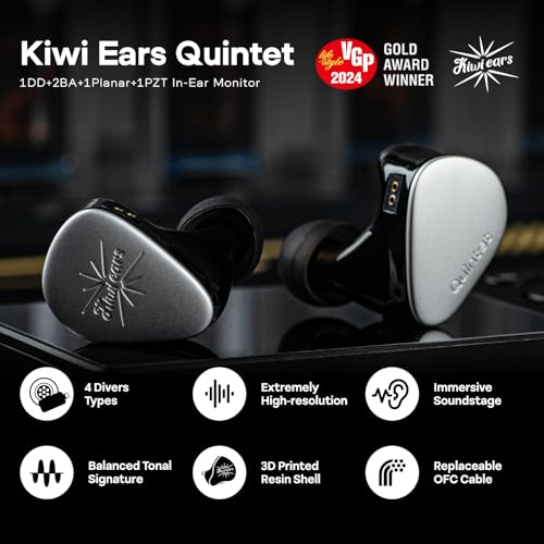 Image of Linsoul Kiwi Ears Quintet in Ear Monitor, 1DD + 2BA + 1 Planar + 1 PZT Hybrid Driver Earphone, with Detachable Silver-Plated OFC Cable, Metal Faceplate, 3D-Printed Resin Shell for Musician (Quintet)