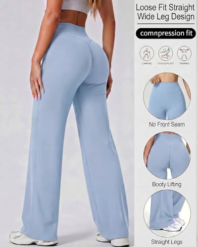 Image of Coume 2 Pack Women Workout Leggings Straight Wide Leg No Front Seam Yoga Gym Pants High Waist Buttery Soft Stretch Leggings