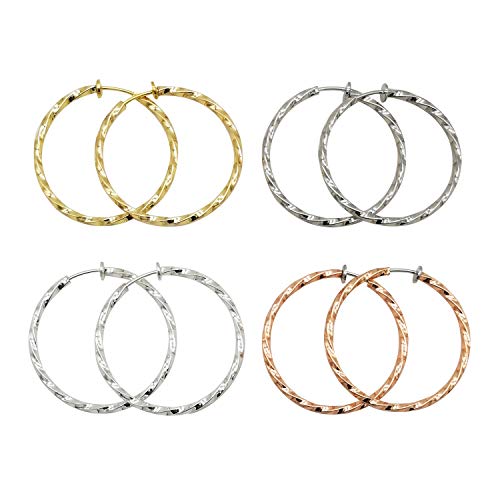LAXPICOL Twisted Clip On Earrings 4PCS Different Color Gold Silver Black Rose 1.18IN .57IN .96IN .36IN Stainless Hoop Earrings Clip On Earrings for Women No Piercing