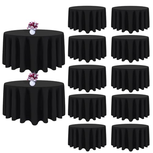 12 Packs 120 Inch Black Round Tablecloth in Diameter, Washable Polyester Fabric Tablecloths, Wrinkle Resistant Table Cloth for Wedding Party Banquet Dining