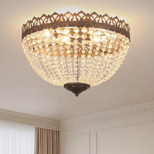 meibeileil Plafoniera led Soffitto Vintage Rotondo In Cristallo,Lampadario E14 Nero E Oro 5 Luci,Base In Color Bronzo Anticato Plafoniera Soffitto Per Soggiorno,Sala Da Pranzo,Villa,Nero, 60W,Ø46Cm.
