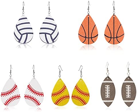 5 Pairs Football Earrings Faux Leather Teardrop Earrings Single Layer Football Earings Soccer Basketball Football Rugby Baseball Faux Leather Dangle Earrings Teardrop Ball Leather Dangle Earrings