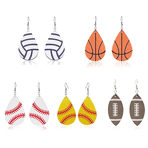 5 Pairs Football Earrings Faux Leather Teardrop Earrings Single Layer Football Earings Soccer Basketball Football Rugby Baseball Faux Leather Dangle Earrings Teardrop Ball Leather Dangle Earrings #TOP3