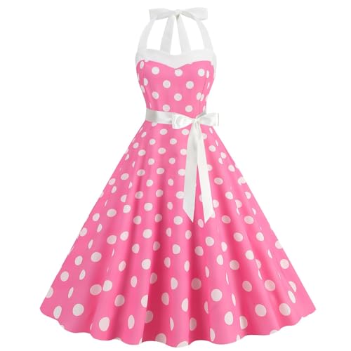 HAPNBCELE Vintage Dress 1950s for Women, Tea Party Halter Polka Dot Dresses Picnics Summer Vacation Beach Outfits Slim Fit (X-Large, Pink)