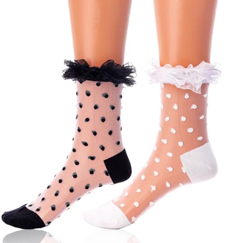 Image of Ruffle See Through Socks Dot Lace Sheer Socks Tulle Cool Mesh Ankle Sock for Women 2 Pairs
