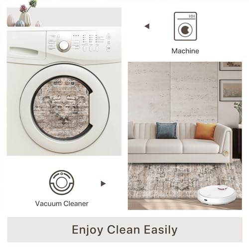 GENIMO 8x10 Area Rugs for Living Room, Machine Washable Non Slip Vintage Rugs, Low Pile Lightweight Chenille Print Rug for Bedroom, Dining Room, Home Office, Brownish Drab