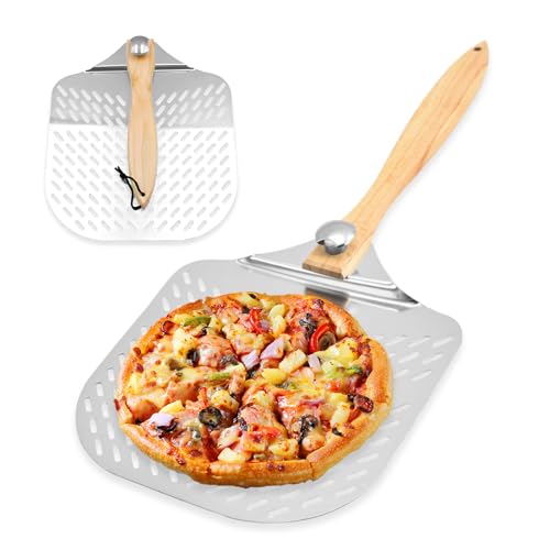 Vlecexs Pala Pizza, Pala para Pizza Perforada, 31 x 63 cm Pala para Pizzas de Aluminio con Mango de Madera Extraíble, Pala de Pizza para Barbacoa, Cocinar Pizzas y Pan