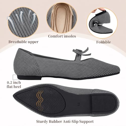 Image of TINGRISE Women's Pointed Toe Flats Comfortable Knit Ballet Shoes Washable Dressy with Bow Business Casual Work Shoes