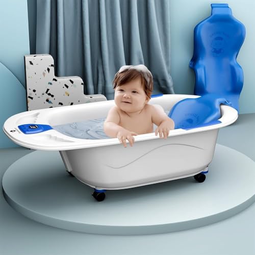 Image of StarAndDaisy Baby Bath Tub for 0 to 5 Years /Bath Tub for Kids 0-3 Years /Infants Bathtub with Temperature Censor & Baby Bath Seat /Sling, Antislip Kids Bath Tub with Bath Chair -White Blue