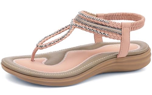 Image of UBFEN Womens Bohemian Flat Sandals With Back Strap Summer Beach Comfortable Bling