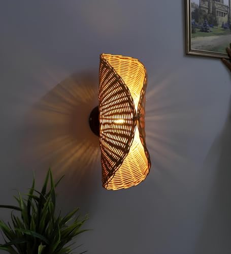 Image of AKWAY Rattan wall Lamps for Living Room | Bamboo wall Lights for Bedroom | Cane wall scones for Home Decoration (Wicker Upside Down)