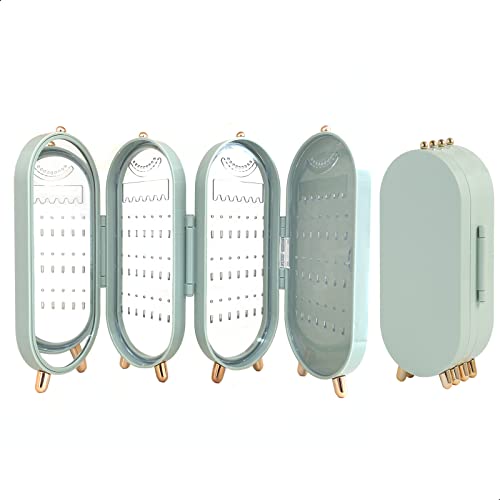 Lejesth Foldable Earring Holder Jewelry Organizer Box with Mirror 4-Layer Dustproof Earring Necklace Display Stand Jewelry Box with 153 Holes for Women and Girls Gifts for Girl (Light Green)