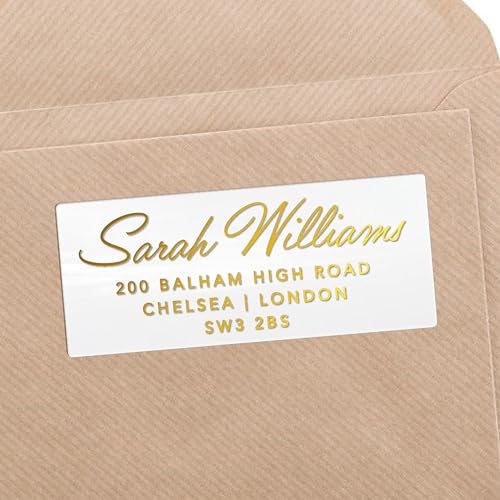 Personalised Custom Return Address Stickers, Self Adhesive White Gold Silver Labels (25x60mm), 30 rectangle stickers per A4 Sheet, Custom labels designed and printed in the UK - RA10