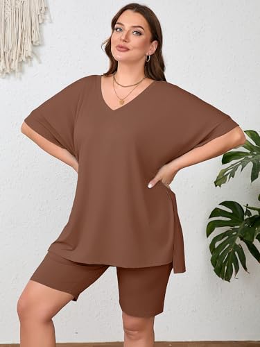 Image of AusLook Women's Plus Size 2 Piece Short Outfits Set Short Sleeve Tops and Shorts Pants Lounge Jogging outfits Matching Set