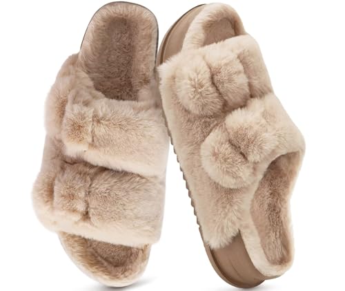 KuaiLu Women's Fluff Slippers Plantar Fasciitis Arch Support Platform Slippers Ladies Fashion Open Toe Faux Fur Sandals Warm House Slipper