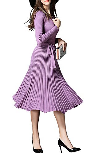R.Vivimos Women Autumn Long Sleeve V Neck Elegant Knitted Slim Knee-Length A-Line Sweater Dress Light Purple One Size