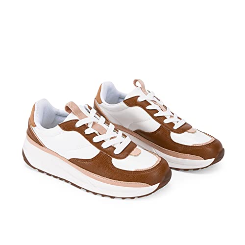 Womens Lace Up Platform Sneakers Retro Colorblock Faux Leather Suede Splicing Comfortable Non Slip Athletic Walking Shoe Brown #TOP1
