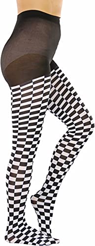 Image of ToBeInStyle Women's Harlequin Checkered Diamond Optical Illusion Opaque Tights Pantyhose - Black & White