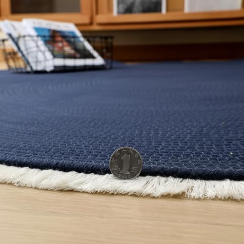 Image of Cotton Round Carpet 3x3 feet - Handmade Braided Boho Rug for Living Room, Bedroom & Balcony - Soft Washable Floor Mat, Color -Blue