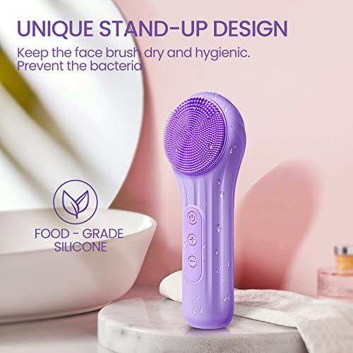 Silicone-Face-Scrubber-Electric-Facial-Cleansing-Brush-Skincare-Tools-with-Magnet-Charger-for-Deep-CleaningGentle-ExfoliatingMassaging-Purple