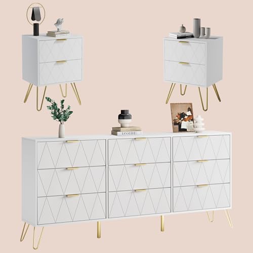 Anbuy Modern Nightstands and 9 Drawer Dresser Sets Bedside Table Set Bedroom Set 3-Piece White