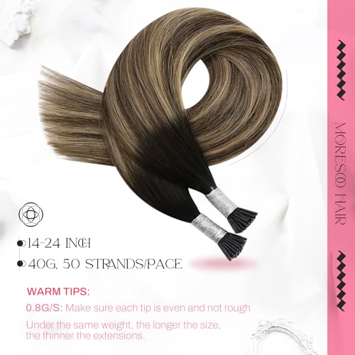 Image of Moresoo Itip Human Hair Extensions, Black Caramel BLonde Balayage, 14 Inch | 40g 50 strands, stick tip extensions, cold fusion installation, silver grey blend, fine hair, everyday office styling