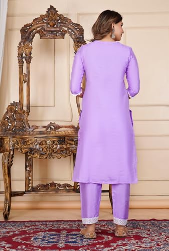 Image of Women's Silk Embroidered Kurta with Pant and Dupatta Set, Straight Style