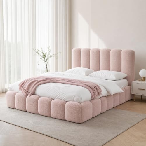 Cloud Upholstered Bed Frame, Teddy Fleece Modern Soft Boucle Platform Bed with Vertical Channel Headboard (Light Pink, Super King (200x200cm with Medical Mattress))