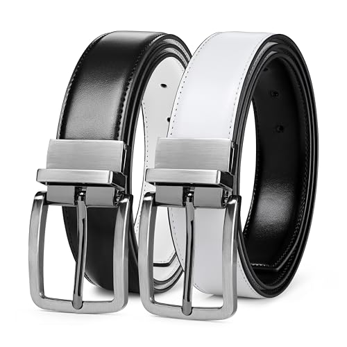 MILORDE Men’s Reversible Leather Belt for Casual Golf Dress Pants Shirts, Double Style - 2 Sides (Black/White - M905, 38)