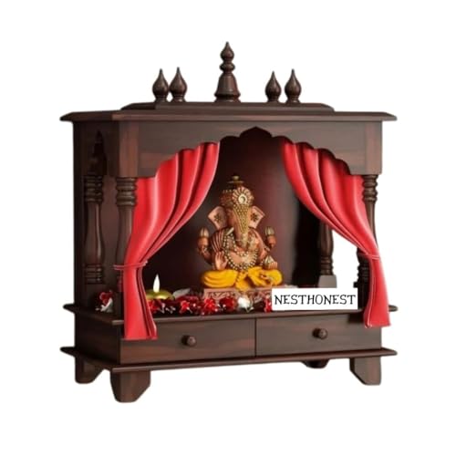 Image of Wall Mounted Solid Sheesham Wood Puja Mandir for Home Solid Wooden Temple for Puja Room with 2 Drawer Storage Pooja Ghar Wooden Furniture for Pooja Room Sheesham Wood, Walnut Finish (2 Drawers)