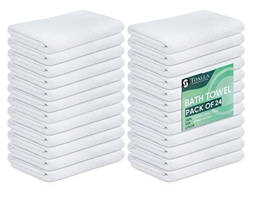 TOALLA 24 Pack White 20x40 Inch 100% Cotton Bath Towels - Lightweight, Quick Drying, Commercial Grade - Ideal for Gym, Salon, Spa & Hair