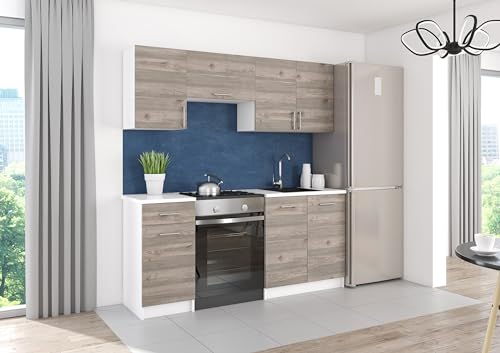 roe furniture Küchenzeile ohne Elektrogeräte - Modern Einbauküche 180 cm - Küche Komplett Leco - Küchenblock - Geräumige Singleküche - Küchenmöbel Komplett Nelson-Eiche & Weiße Arbeitsplatte