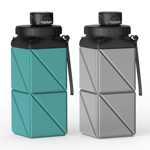 Popdigito 2 botellas de agua plegables de 420 ml, sin BPA, reutilizables, ligeras, a prueba de fugas, botellas de agua de silicona para viajes, gimnasio, senderismo, oficina, camping, deportes, gris y