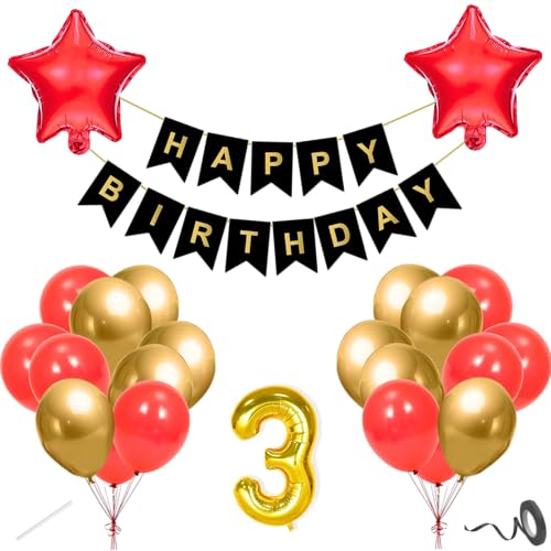 Image of Flyloons 3rd Happy Birthday Decoration Kit Red Gold for Baby Boys Girls Kids Twins With 20 Pcs Chrome Balloons Birthday Banner 2 Pcs Star Items Set