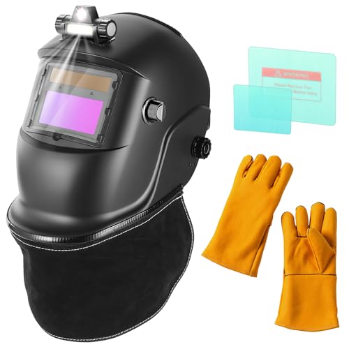 BOSYTRO Máscara de Soldadura con luz, Casco Soldad con Oscur Auto y Alimentación Solar con 2 láminas Protectoras + Guantes de Soldadura + Prot Cuello Cuero, Tono Ajustable 9-13 para TIG/MIG