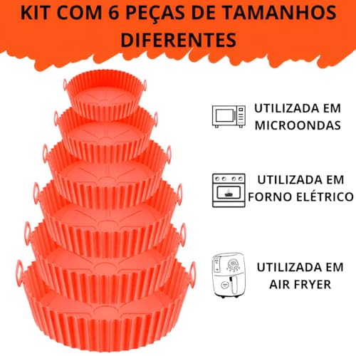 Kit 6 Peças Formas De Silicone Para Air Fryer Reutilizável Tamanhos Variados Antiaderente com Alça P