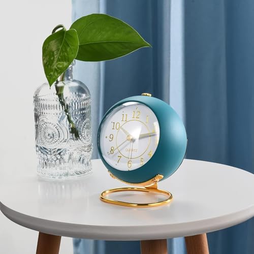 Image of Vintage Analog Alarm Clock with Night Light, Silent Non-Ticking Quartz Movement, Battery Powered Round Desk Clock with Gold Metal Stand, HD Glass Dial for Bedroom, Office, (English Multicolor)