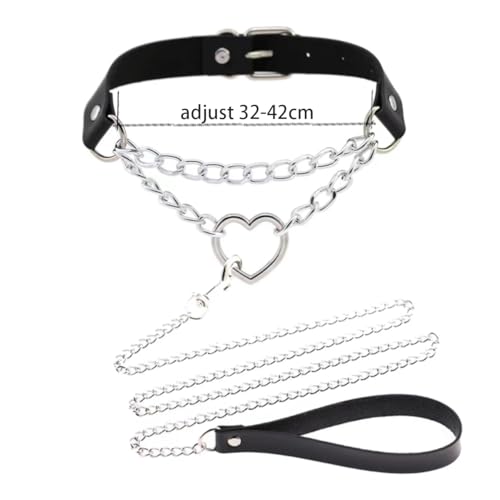 Leather Choker Collar with Chain Leash Heart Studded Necklace with Lead Chains Bondage Cosplay for Women4