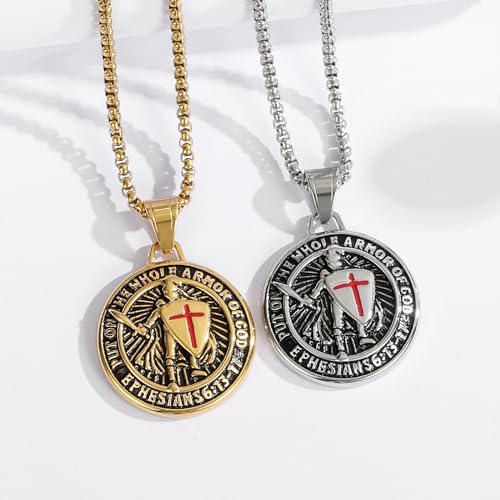 Armor of God Cross Pendant Necklace, Shield of Faith, Ephesians 6:16-17, Religious Amulet, Knights Templar Crusader, Stainless Steel 24" Chain3