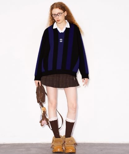 Vintage Polo Sweater Striped Oversized Colorblock Pullover Retro Long Sleeve Knit Top2