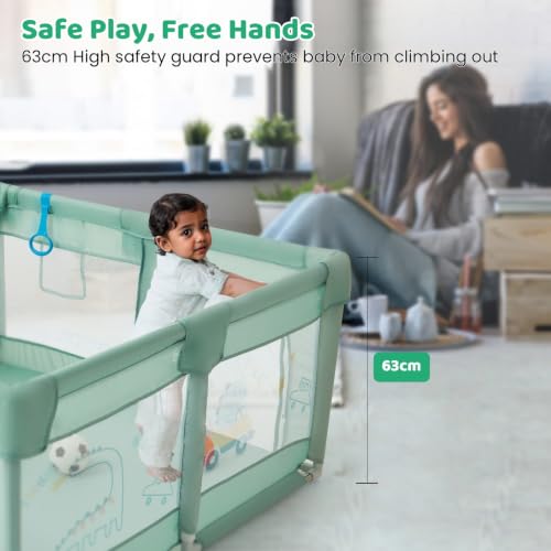 Image of Dawnwake Small Playpen 120 x 120 cm for Toddlers & Kids up to 3 Years with 2 Anti-Fall Grasp Rings, Baby Fence with Safety Lock & Suction Cup (No Mat /No Ball, Non-Foldable) -Green