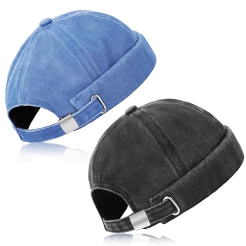 Image of SATINIOR 2 Pieces Brimless Hats for Men Adjustable Docker Cap Casual No Brim Hat Rolled Cuff Sailor Skullcap