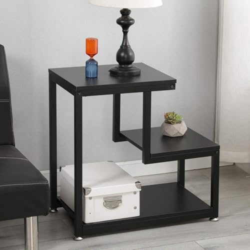 Image of 3 Tier Sofa Side Table, Modern Coffee Table Nightstands with Metal Frames and White MDF Desktop for Living Room Bed Rooms Decor (Full Black)