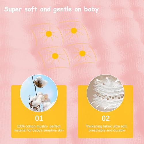 Image of Lovely Care 12 Pack Muslin Burp Cloths 100% Cotton Muslin Cloths Large 20''x10'' Extra Soft and Absorbent Baby Burping Cloth - Pink