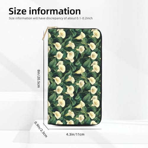 Leather Thin Slim Wallets for Women & Men - White Calla Lily Print Card Wallet Holder with Zipper2