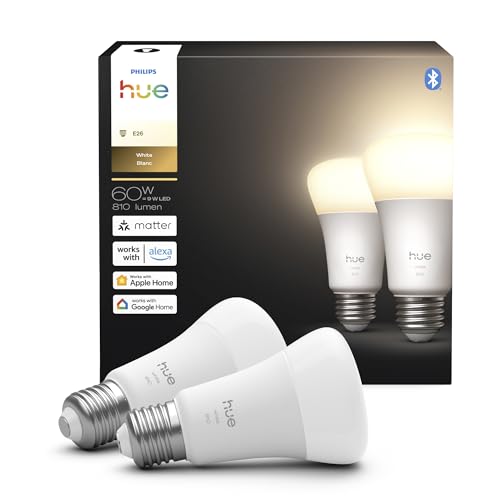 La mejor selección de Focos Hue del mes. 42 Philips Hue foco LED inteligente A19, luz blanca cálida 2700 K, base E26, 9 W, 810 lúmenes, regulable, funciona con Alexa, Google Assistant y Apple Home, 2 unidades