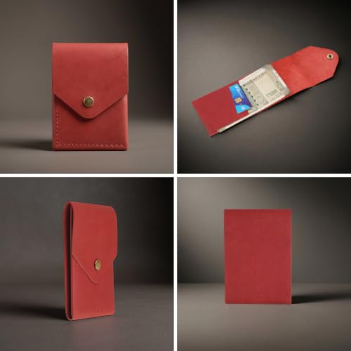Image of The Wallet Store Flip 2.0 Genuine Leather Vertical Slim Wallet for Men | Pull-String Quick Card Access | Compact Front Cash Pocket & Button Lock | Minimalist Travel & Daily Carry Wallet (Red)