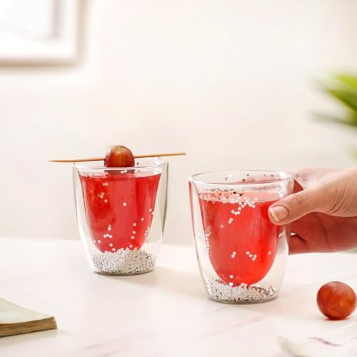 Image of Nestasia Set of 2 Double Wall Tumblers (225ml) | Silver Star Sequin Design, Dishwasher-Safe, Lead-Free Glassware | Ideal for Juices, Cocktails, and Desserts