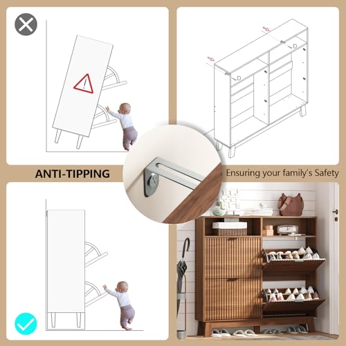 Image of Shoe Cabinet Storage for Entryway with 4 Flip Drawers, Fluted Narrow Shoe Organizer with Wooden Legs & Top Cubby, Freestanding Slim Shoe Storage Hidden Shoe Rack for Front Door Entrance, Walnut