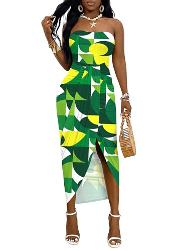 Image of Umenlele Women's Strapless Ruched High Waist Wrap Split Asymmetrical Beach Maxi Long Dress